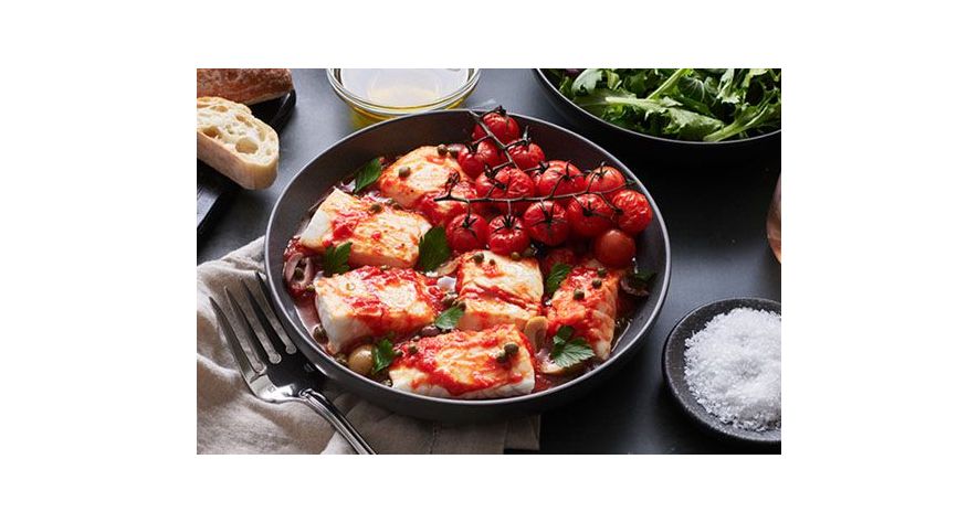 Recipes: Halibut with Spicy Tomato, Olive, and Caper Sauce