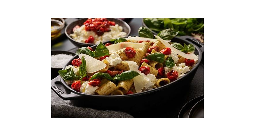 Recipes: Pesto Rigatoni with Blistered Tomatoes and Fresh Ricotta